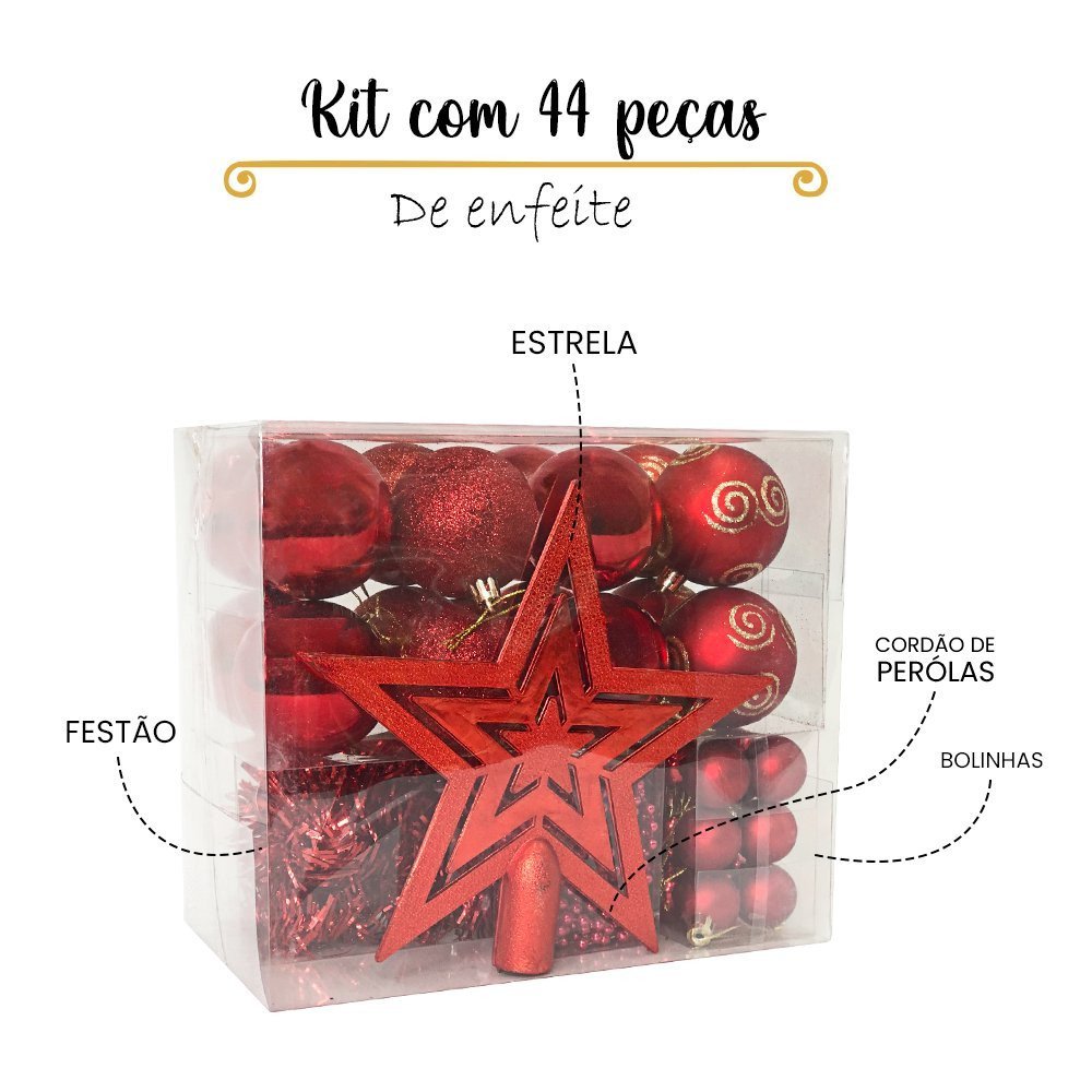 Kit com 44 Peças de Enfeite Natalino com Estrela, Bolinhas, Festão e Cordão de Pérolas - Vermelho - 3