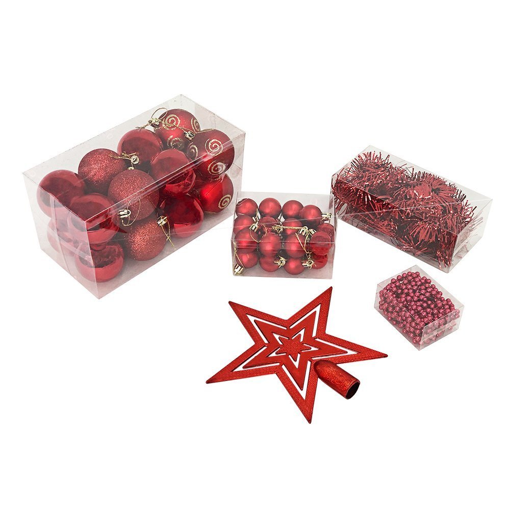 Kit com 44 Peças de Enfeite Natalino com Estrela, Bolinhas, Festão e Cordão de Pérolas - Vermelho - 4