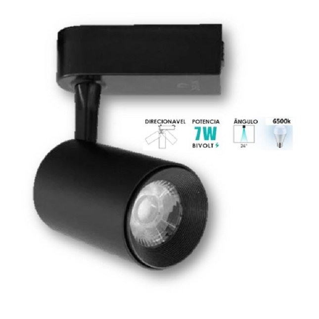 Spot Para Trilho Eletrificado Preto Led 7w Luz Bco Frio 6500k