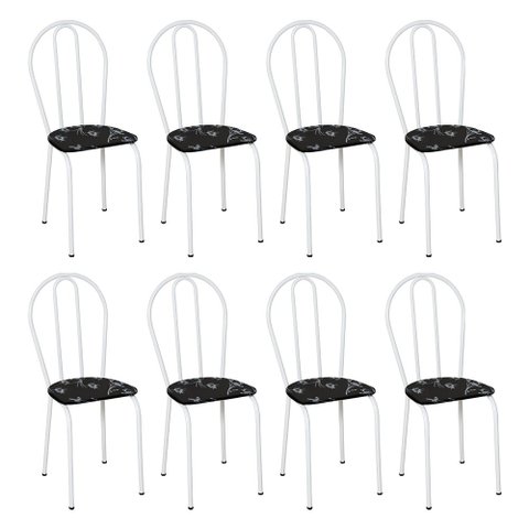 Kit 8 Cadeiras de Cozinha Texas Estampado Preto Florido Pés de Ferro Branco - Pallazio