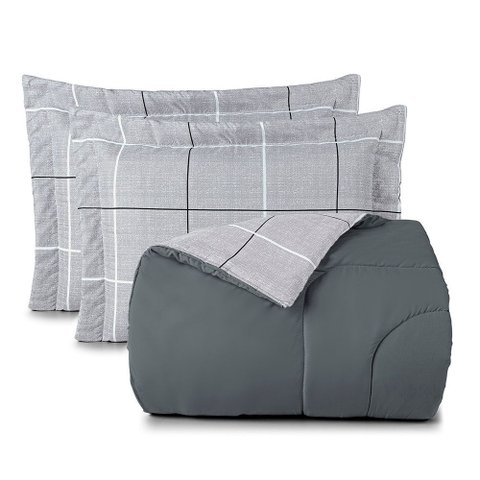 Kit Edredom Cobertor Celi King Dupla Face Micropercal Estampado 200 Fios 3 Peças Xadrez Grid Cinza -