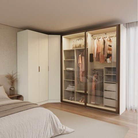 Guarda-Roupa Planejado de Canto Obliquo com 5 Portas Reflectas Orion CabeCasa MadeiraOriginals Bege