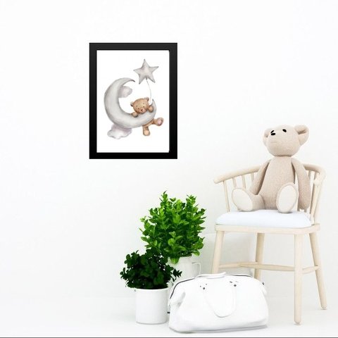 Quadro Quarto Bebê Ursinho Lua Estrela 24x18cm:madeira Preta