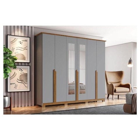 Guarda Roupa Casal Ambiente Andréas 6 Portas Cinza Nature com Espelho - Henn