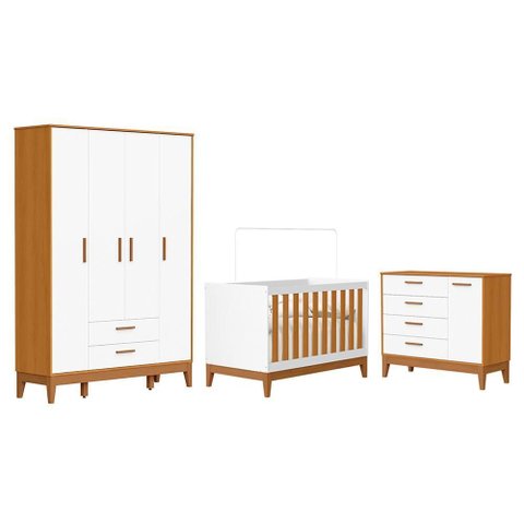 Dormitório Infantil Flip Guarda Roupa 4 Portas, Cômoda 1 Porta e Berço Branco Fosco/savana -