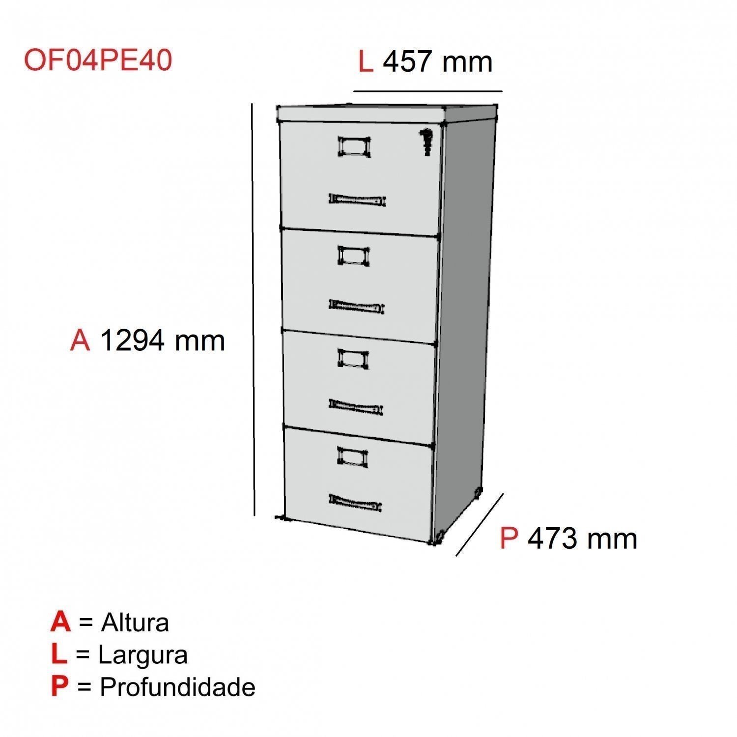 Gaveteiro Arquivo para Escritório 4 Gavetas Pe40   - 4