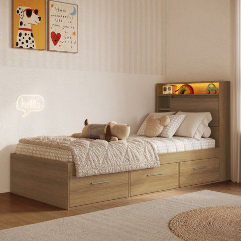 Cama de Solteiro com 3 Gavetas Cabeceira com Organizador e Iluminação Led Genebra