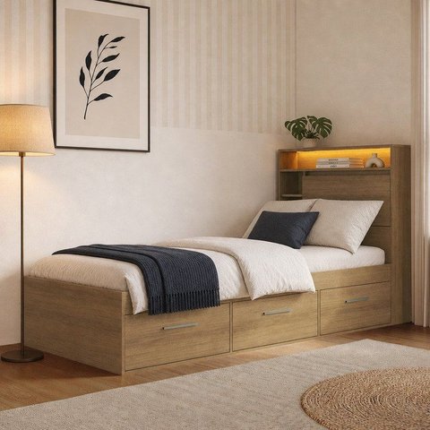 Cama de Solteiro com 3 Gavetas Cabeceira com Organizador e Iluminação LED Genebra