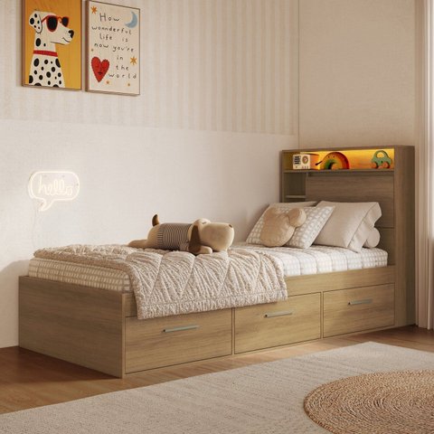 Cama de Solteiro com 3 Gavetas Cabeceira com Organizador e Iluminação LED Genebra