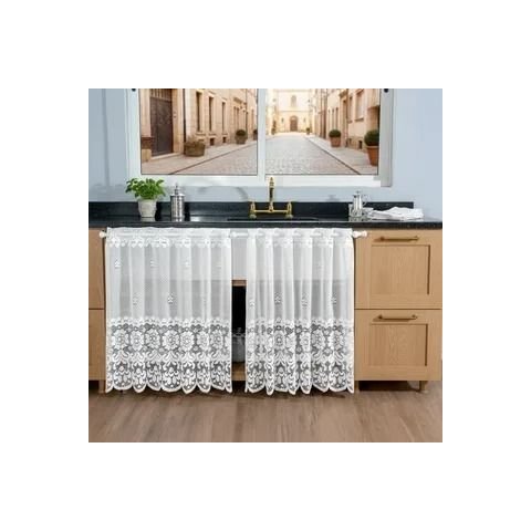 Cortina Pia Renda Cozinha Branco Lisa Floral 1,60x0,80 Alt