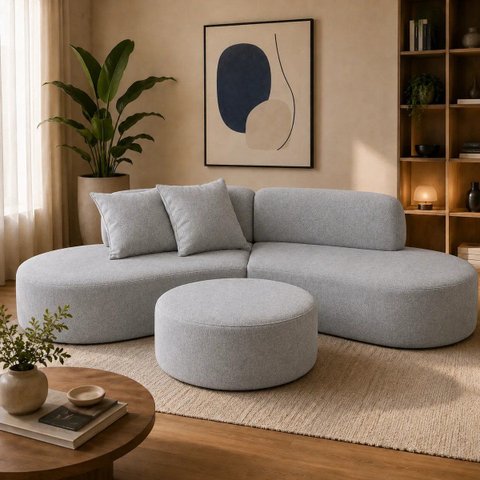Sofá e Puff Orgânico Virginia 200cm Sala Suede: Cinza