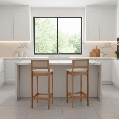 Kit 2 Banquetas Assento Encosto Estofado em Linho Hellen:mel com Linho Cru