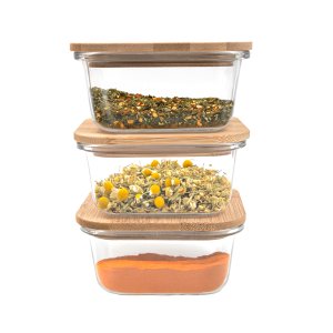 Kit 3 Potes de Vidro 380ml com Tampa de Bambu Hermético Marmita Quadrados - Tud