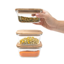 Kit 3 Potes de Vidro 380ml com Tampa de Bambu Hermético Marmita Quadrados - Tud - 2