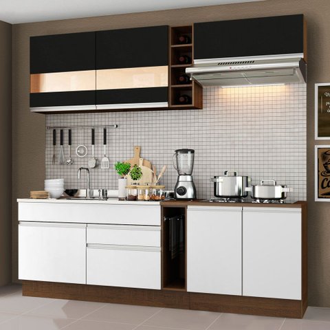 Cozinha Completa Madesa Parma com Armário e Balcão (Sem Tampo e Pia) Rustic/Branco/Preto Cor:Rustic/