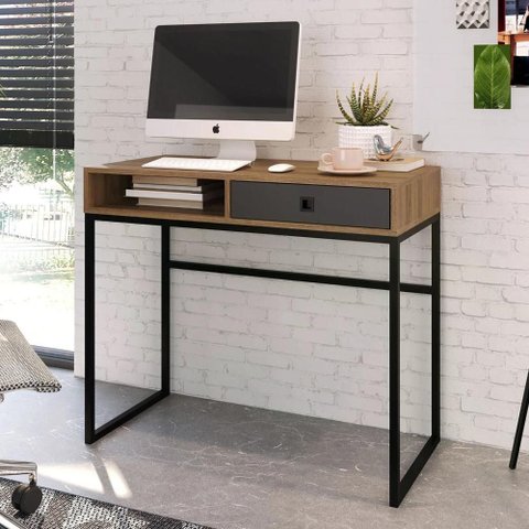Mesa Escrivaninha Industrial 90cm 1 Gaveta Ivis Grafite/mel Z54 - Mpozenato