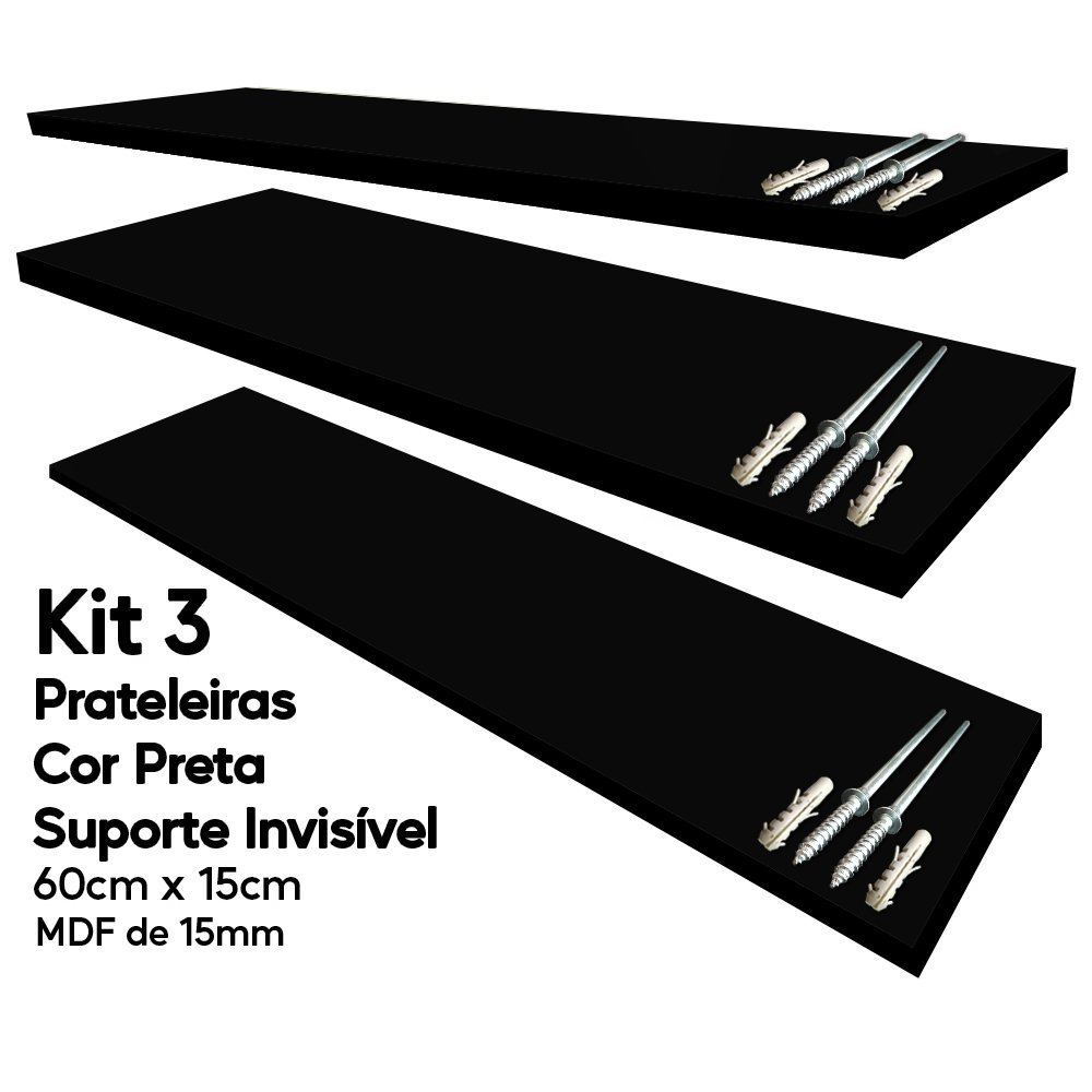 Kit 3 Prateleira Preta Mdf 60x15 Suporte Invisível Decoração Arte na Arte Prateleira Suporte invisív - 11