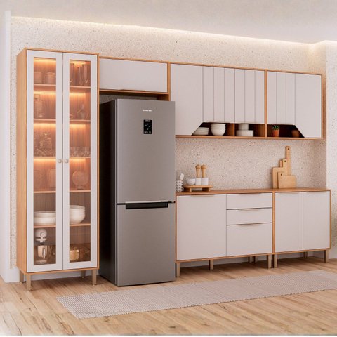 Cozinha Modulada 6 Peças com 1 Cristaleira 2 Balcões e 3 Armários Aéreos Celeste Cinamomo/Off White