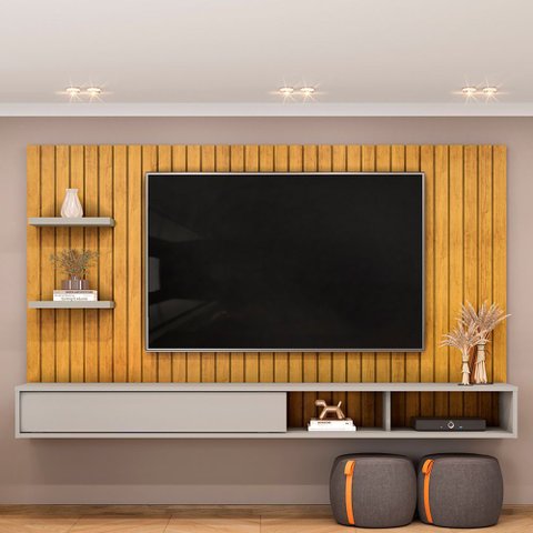 Painel Ripado TV 60 pol com Bancada Suspensa 179cm Joan D05 Cedro Bali - Lyam Decor