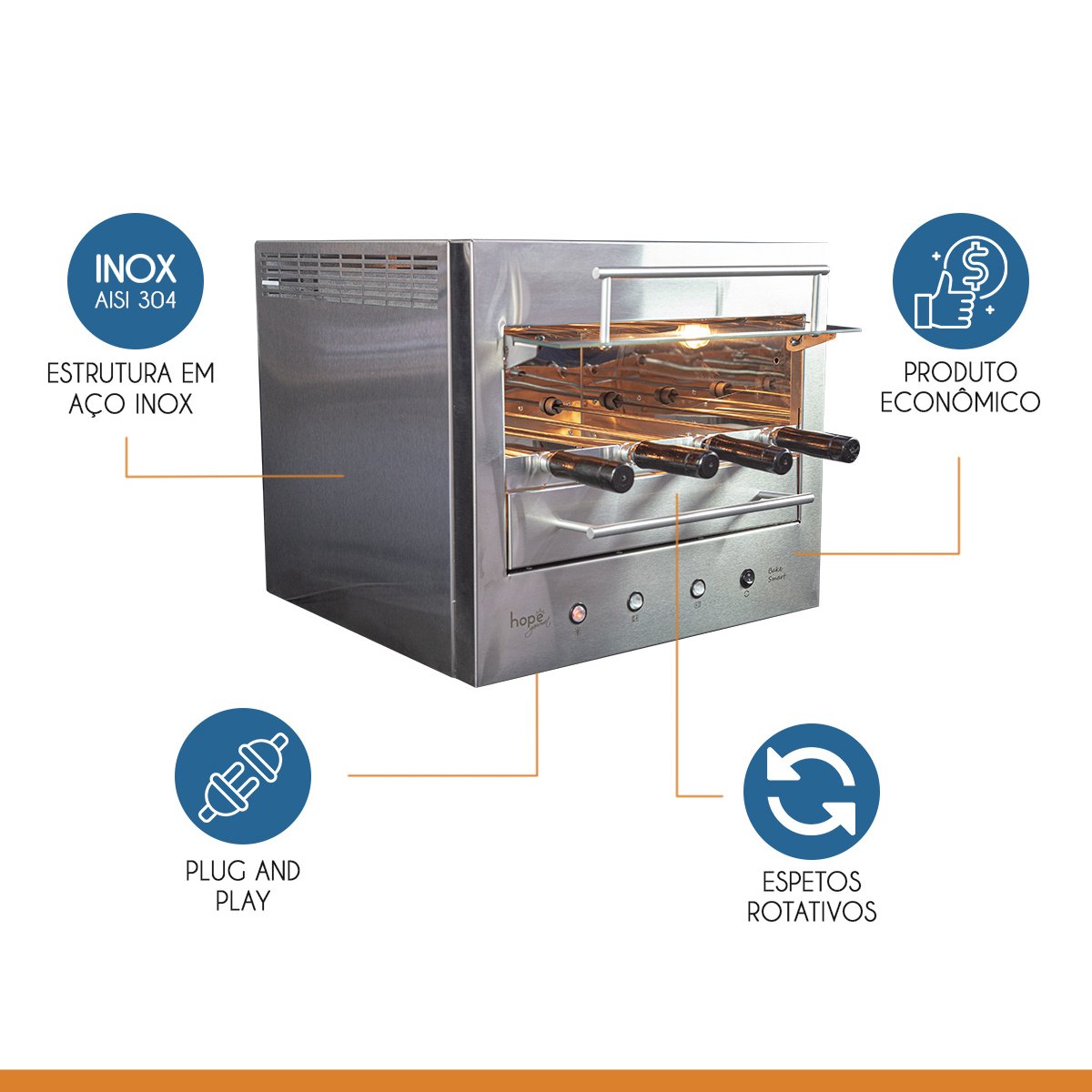 Churrasqueira Assador Gourmet Elétrica Rotativa de Bancada Aço Inox Bake Smart 04 220V - Hope - 6