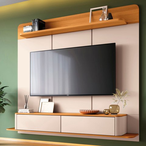 Painel TV 70 pol 180cm Bancada Suspensa Galax Off/Cinamomo - HB Móveis