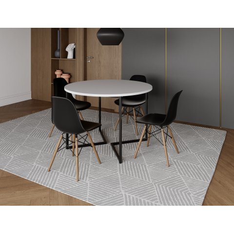 Mesa Industrial Base Ferro Preto em V Tampo 110cm Branco 4 Cadeiras Eames Madeira Assento Preto