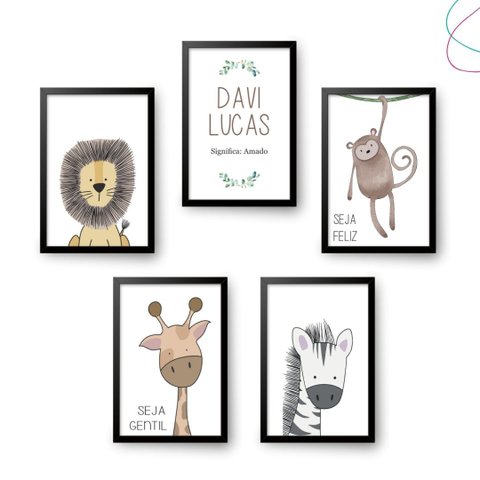 Kit 5 Quadros Decorativos Infantil Safari com Moldura:preta
