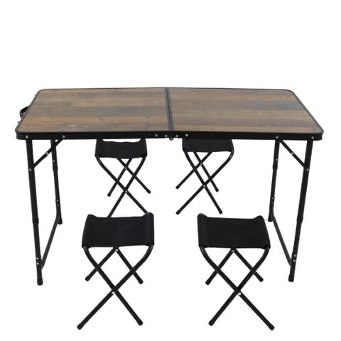 Kit Mesa Dobrável Portátil que Vira Maleta para Camping Praia Alumínio 120cm Madeira + 4