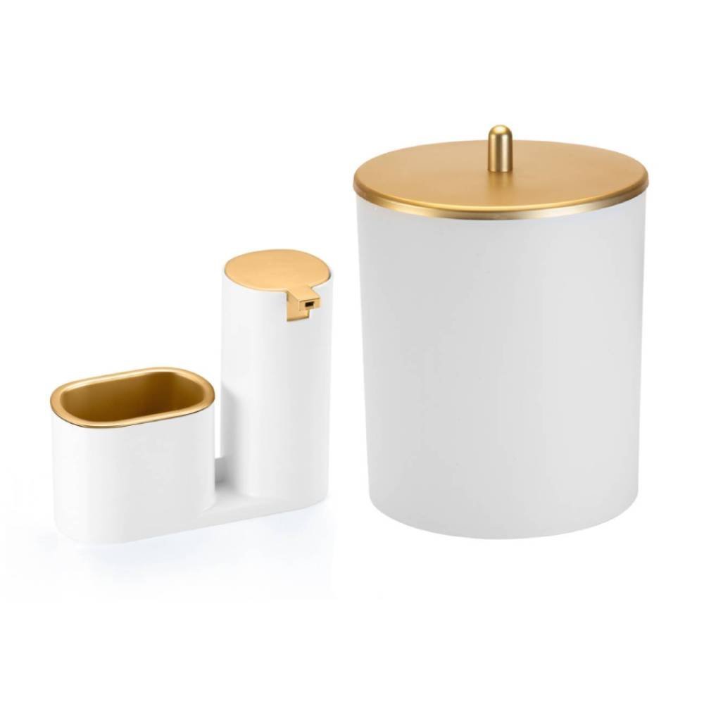 Lixeira 5 Litros + Dispenser Porta Bucha Branco e Dourado - 1