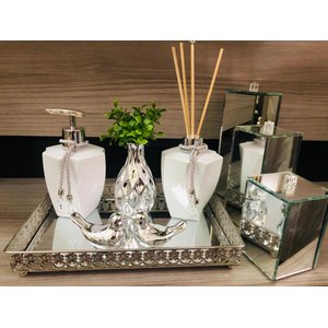 Kit Lavabo Luxo Prata Potes Aroma Sabonete Porta Escovas