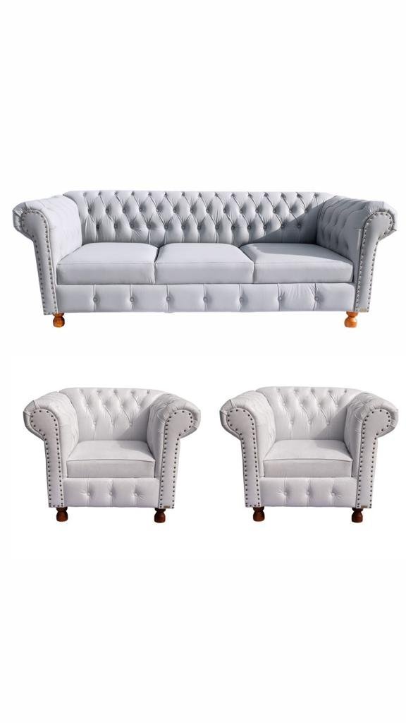 1 Sofá 2m + 2 Poltronas Chesterfield Luiz Xv Corano Branco / Barbearia, Salão de Beleza, Casa , Deco