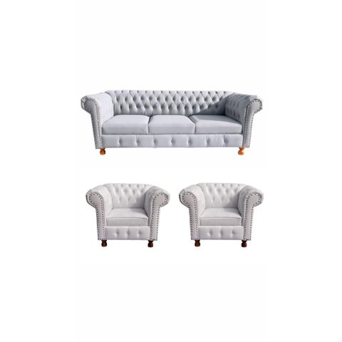 1 Sofá 2m + 2 Poltronas Chesterfield Luiz Xv Corano Branco / Barbearia, Salão de Beleza, Casa , Deco