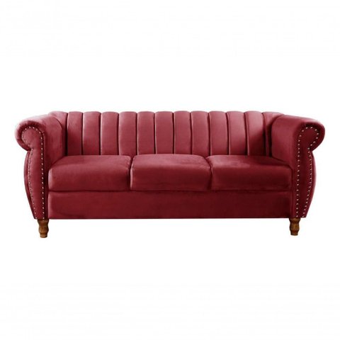 Sofá Realeza 3 Lugares 196cm Bordô Suede Fixo Clássico Liso Bella Decor