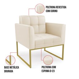 Kit 2 Poltronas Elisa Corino Bege Base Metálica Industrial Dourado - D'Rossi - 7