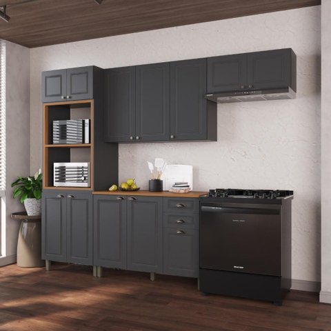 Armário de Cozinha Modulada Compacta Fidelitá Nara 100% MDF 4 Peças 270cm 12 Portas 2 Gavetas com