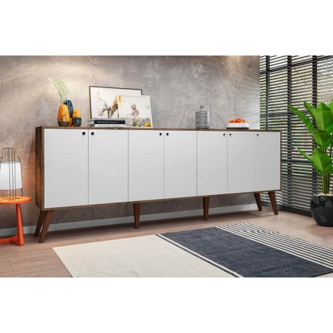 Balcão Aparador Buffet Retrô 7 Portas Com Pés Palito Castani com Branco Brienza Movelaria