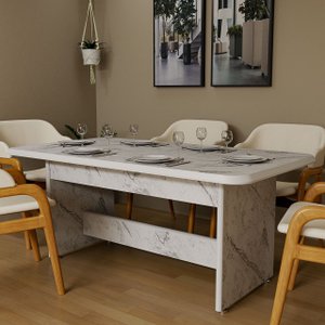 Mesa de Jantar Retangular Tampo Marmorizada Mdf 6 Lugares:branco/már