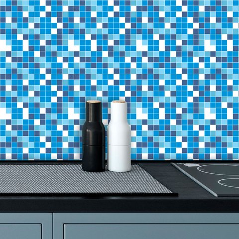 Papel de Parede Adesivo Pastilha Azul Mesclado Banheiro Cozinha Lavável