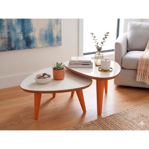 Conjunto 2 Mesas de Centro e Apoio Sala de Estar Orgânicas com Pés de Madeira Decorativas Off White