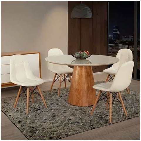 Mesa de Jantar Cone Base Mel Tampo Redondo de Vidro 100cm - Off **somente a Mesa**