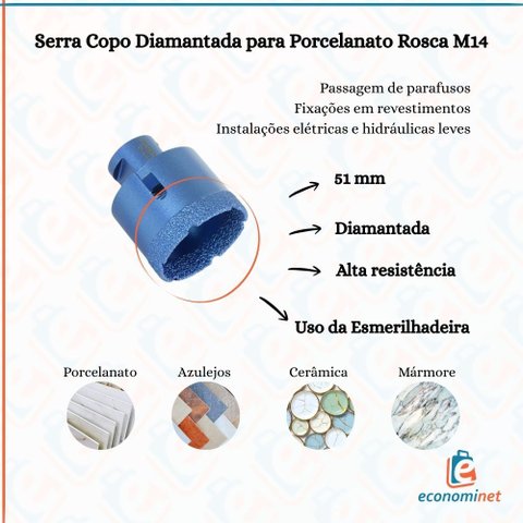 Serra Copo Diamantada 51mm para Porcelanato Cerâmica Mármore e Azulejo Rosca M14 para Esmerilhadeira