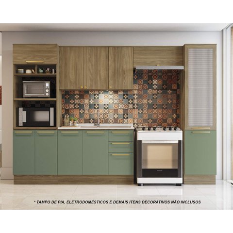 Armário de Cozinha Modulada Completa Reta 5 Peças 3,20m Botanic Kappesberg - Nogueira/verde Oliva