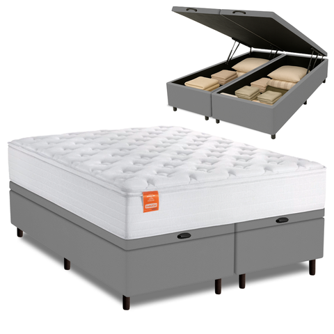 Cama Box Baú Colchão Casal King Molas Ensacadas Real 193x203x68cm Branco / Cinza Inducol