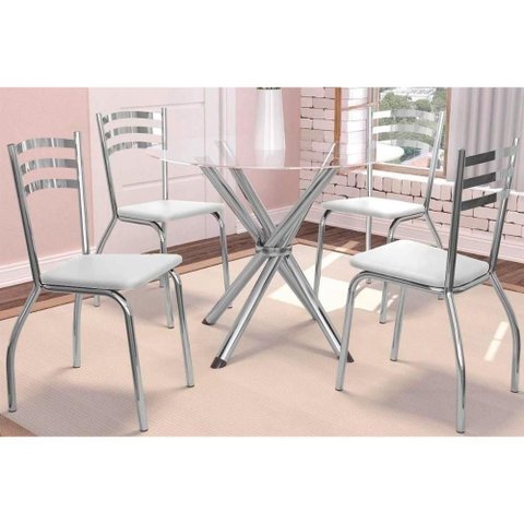 Sala de Jantar Completa Volga Tampo de Vidro 95cm e 4 Cadeiras Portugal Cromada Branco Kappesberg