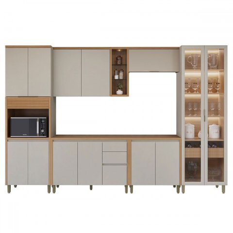 Cozinha Completa Allure 14 Portas 4 Gavetas 100% Mdf com Vidro Jequitibá/gris - Linea Brasil