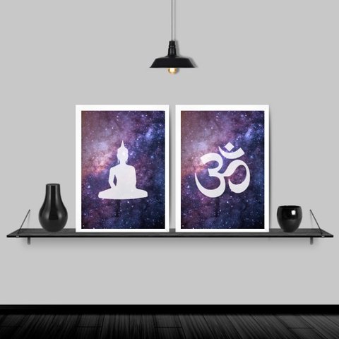 Kit 2 Quadros Buda Zen Galaxia 24x18cm:Madeira branca