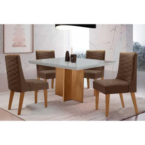 Conjunto: Mesa de Cozinha Berlim Curvo 90cm + 4 Cadeiras Dafne Naturale/off White - Suede Marrom -