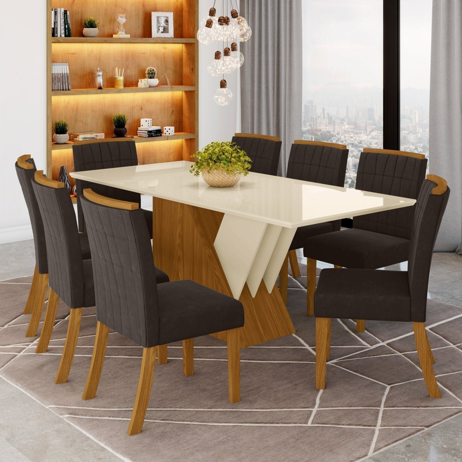 Conjunto Sala de Jantar Mesa Tampo MDF e Vidro 8 Cadeiras Itália Espresso Móveis