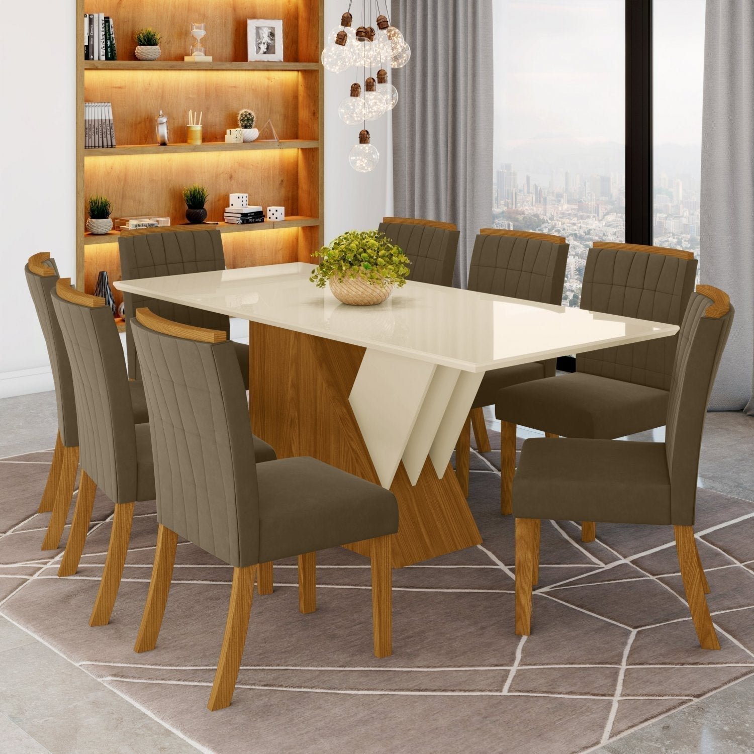Conjunto Sala de Jantar Mesa Tampo MDF e Vidro 8 Cadeiras Itália Espresso Móveis