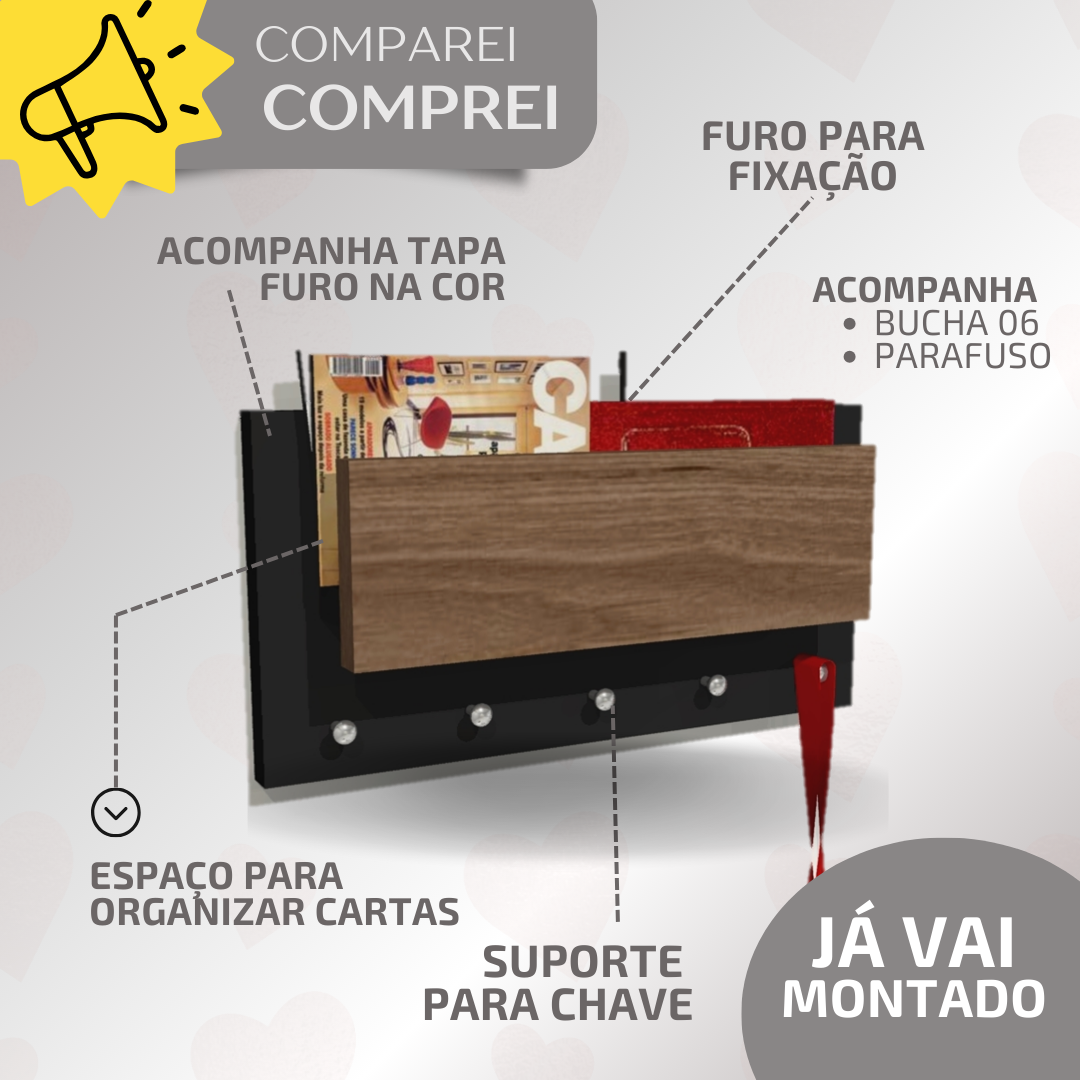 Porta Chaves de Parede com Suporte para Cartas Discreto - 3